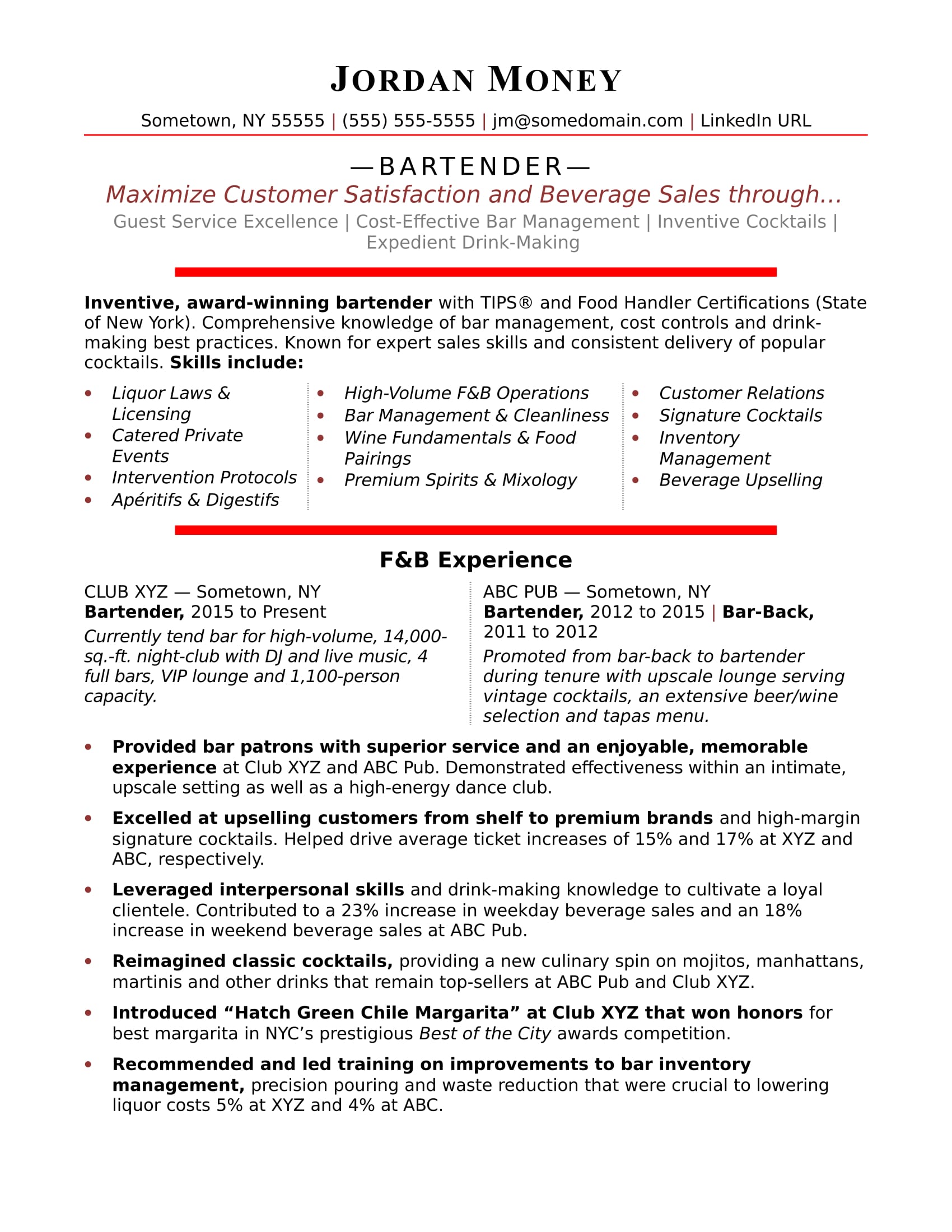 bartender resume sample monster com