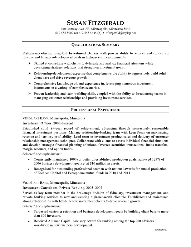 resume example investment banking careerperfect com