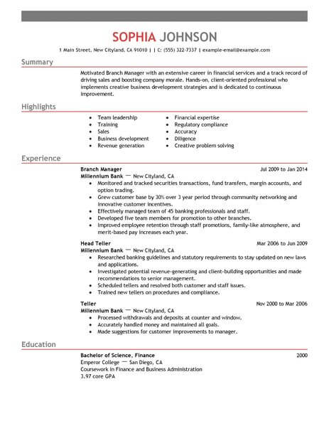 best branch manager resume example livecareer