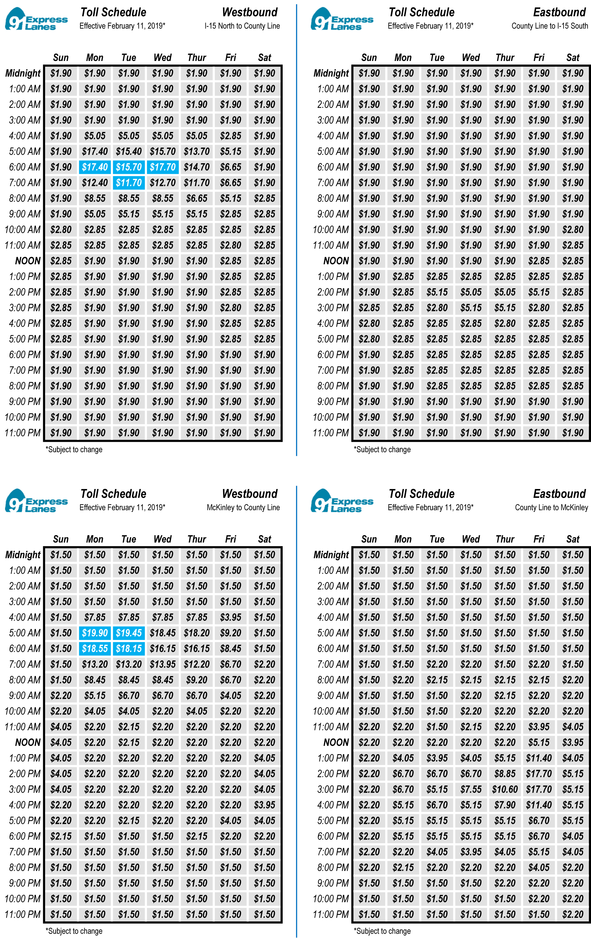 toll schedules