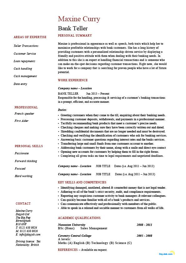 bank teller resume example sample template job description