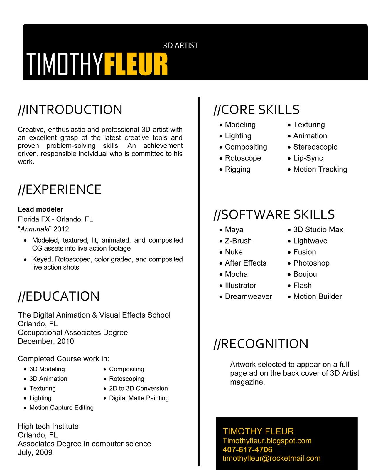 timothy fleur 3d artist resume resume portfolio pinterest