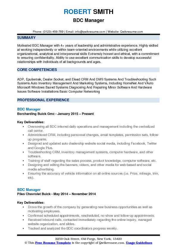 bdc manager resume samples qwikresume