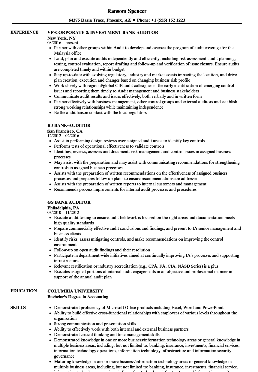 bank auditor resume samples velvet jobs