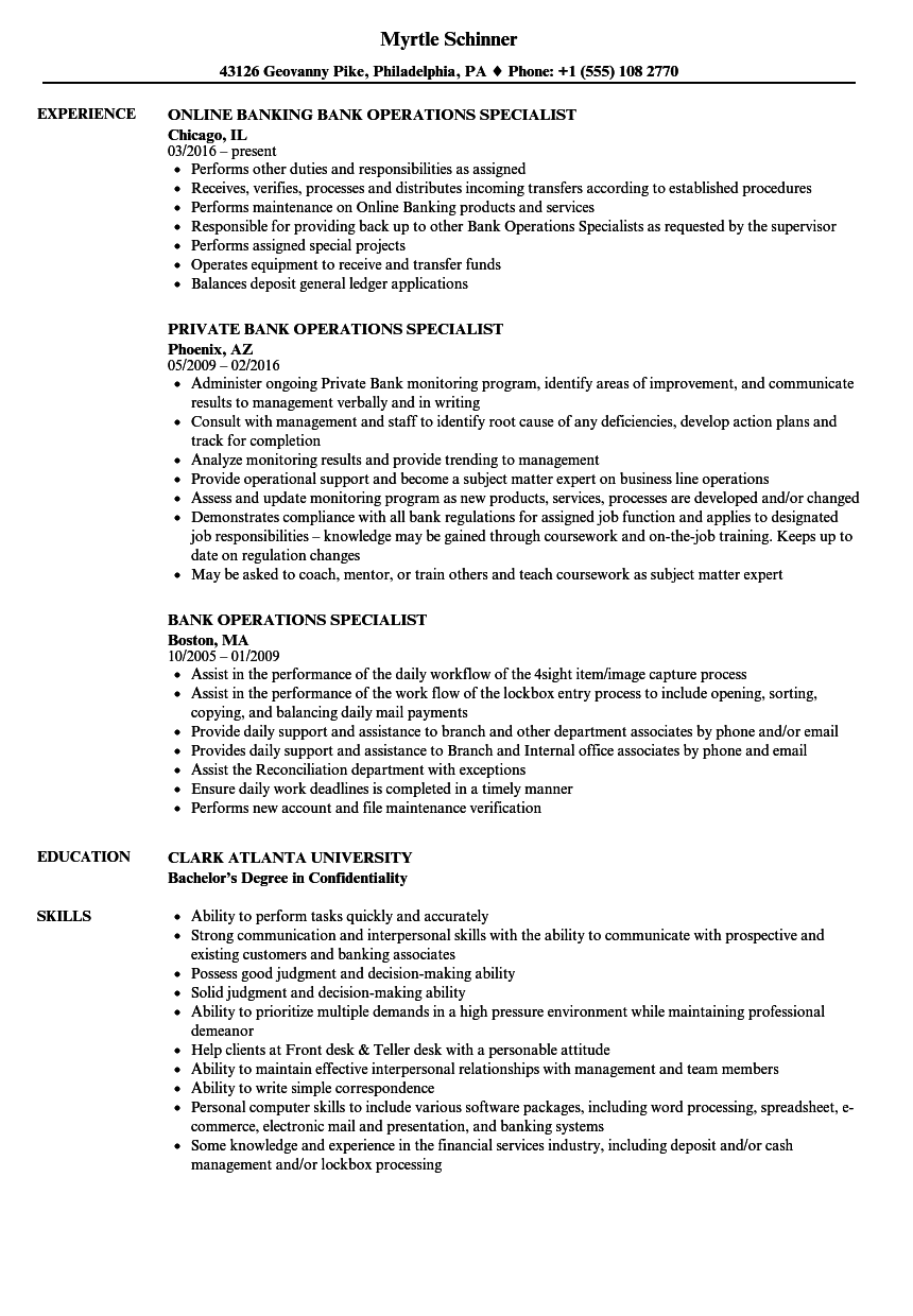 bank operations specialist resume samples velvet jobs