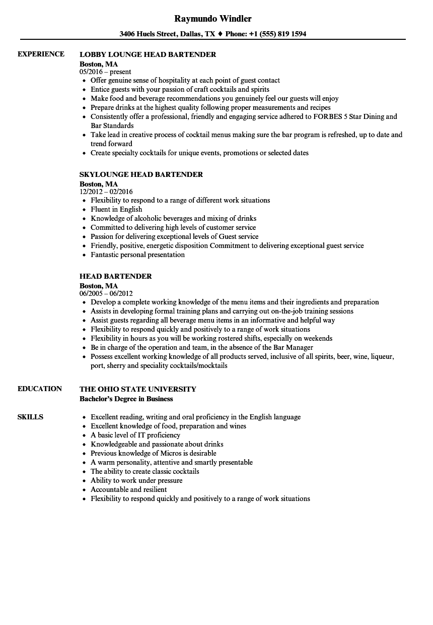 head bartender resume samples velvet jobs