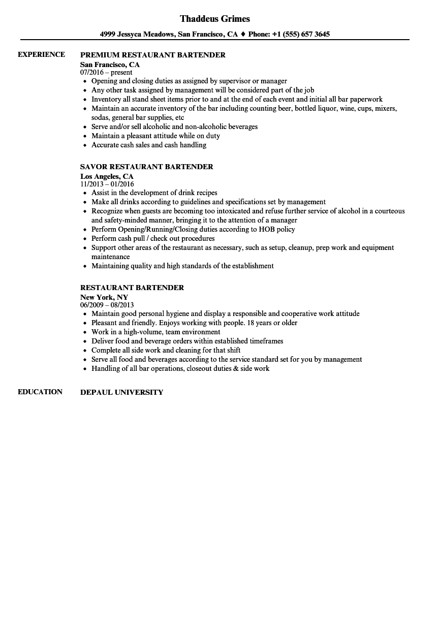 restaurant bartender resume samples velvet jobs