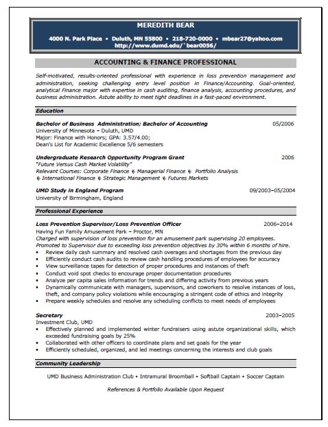 accounting position resume sample