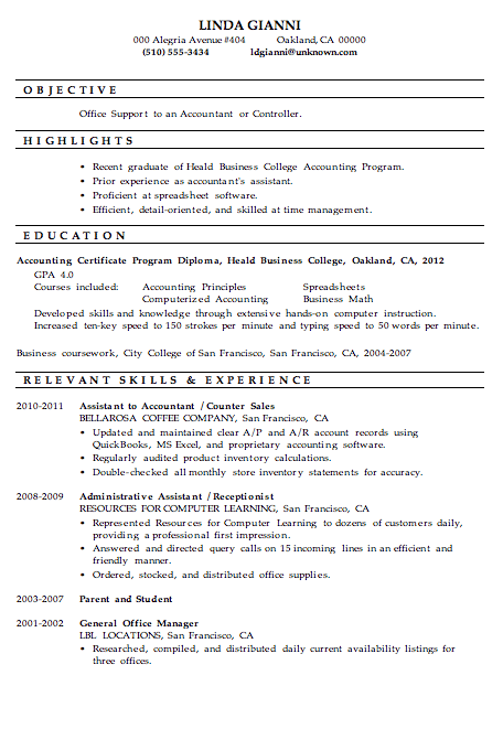 resume sample for accounting graduate