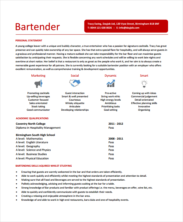 bartender resume template 6 free word pdf document downloads