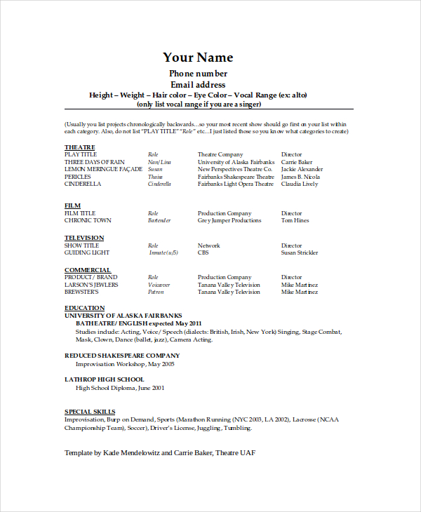 musical theatre resume template