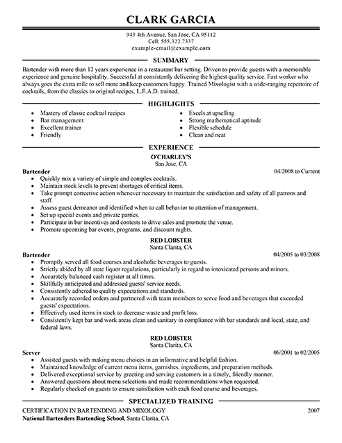 best restaurant bartender resume example livecareer