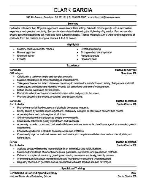 best restaurant bartender resume example livecareer