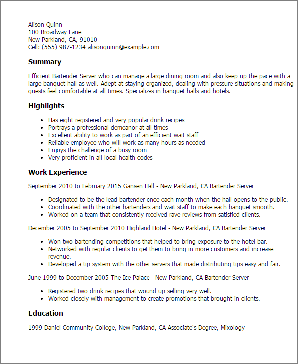 sample bartending resume april onthemarch co